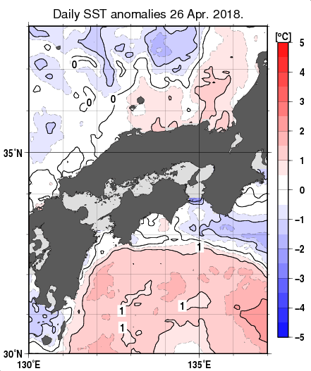 近畿・中国・四国周辺海域の海面水温平年差分布図（4月26日）
