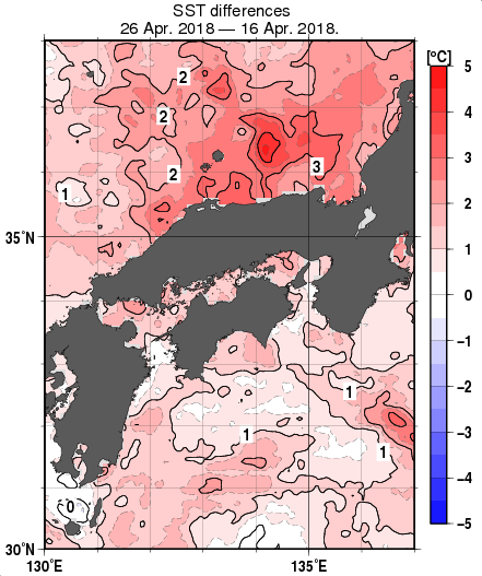 近畿・中国・四国周辺海域の10日間の海面水温変化量分布図（4月26日）