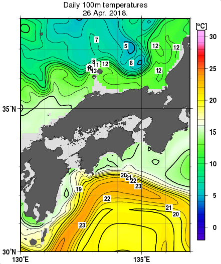 近畿・中国・四国周辺海域の深さ100mの水温分布図（4月26日）