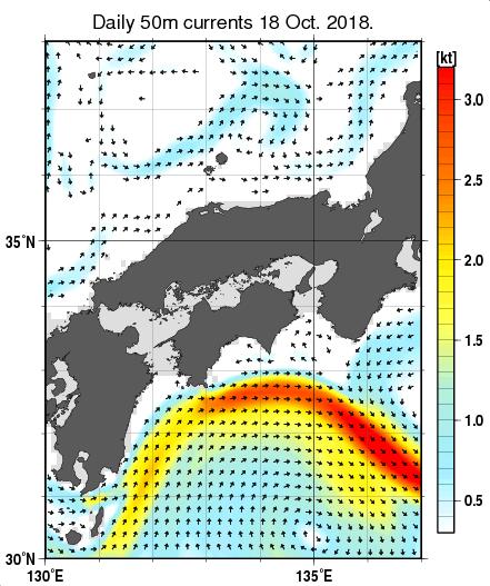 近畿・中国・四国周辺海域の深さ50mの海流分布図（10月18日）