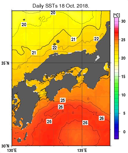 近畿・中国・四国周辺海域の海面水温分布図（10月18日）