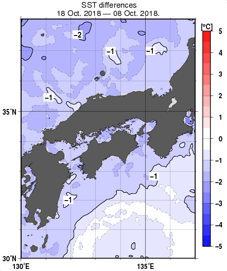 近畿・中国・四国周辺海域の10日間の海面水温変化量分布図（10月18日）