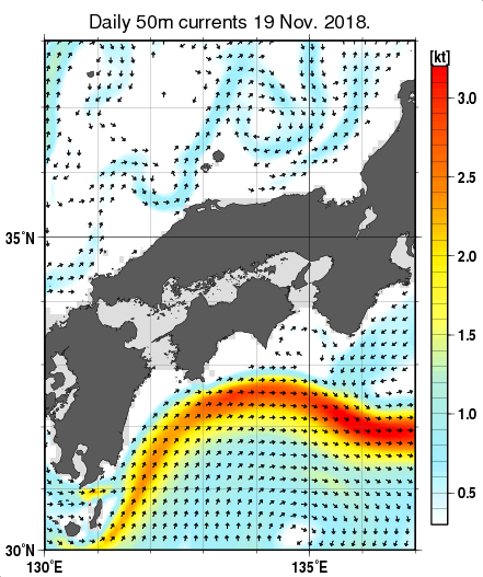 近畿・中国・四国周辺海域の深さ50mの海流分布図（11月19日）