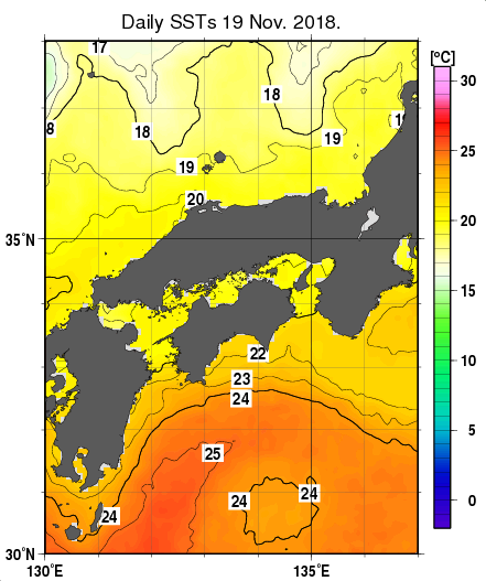 近畿・中国・四国周辺海域の海面水温分布図（11月19日）