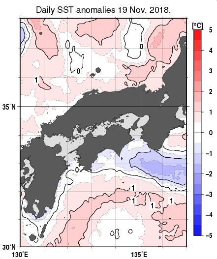 近畿・中国・四国周辺海域の海面水温平年差分布図（11月19日）