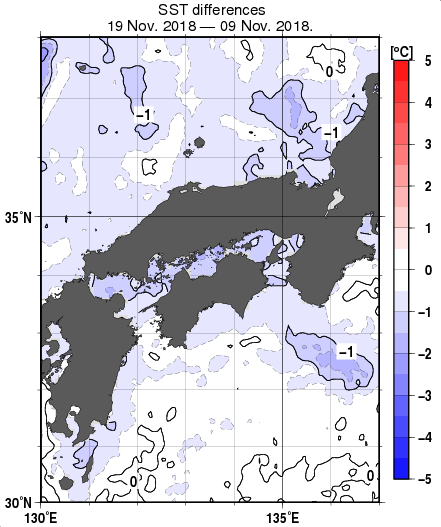 近畿・中国・四国周辺海域の10日間の海面水温変化量分布図（11月19日）
