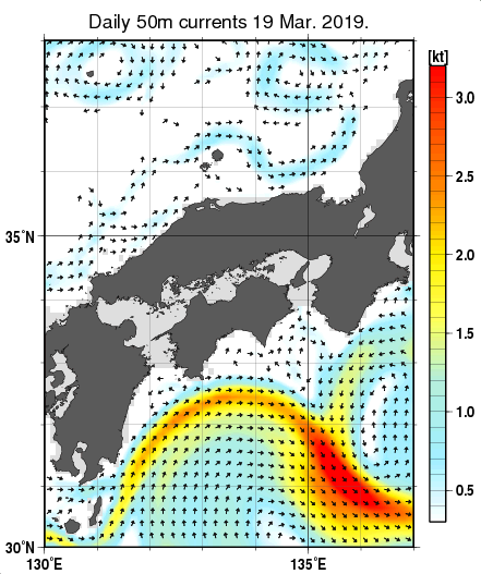 近畿・中国・四国周辺海域の深さ50mの海流分布図（3月19日）