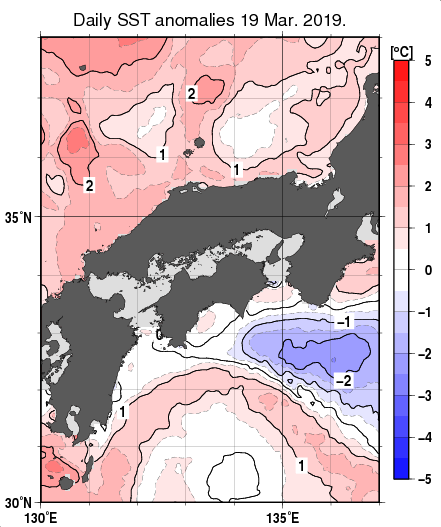 近畿・中国・四国周辺海域の海面水温平年差分布図（3月19日）