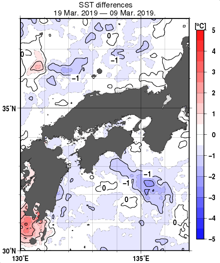 近畿・中国・四国周辺海域の10日間の海面水温変化量分布図（3月19日）