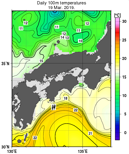 近畿・中国・四国周辺海域の深さ100mの水温分布図（3月19日）