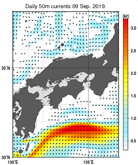 近畿・中国・四国周辺海域の深さ50mの海流分布図（9月9日）