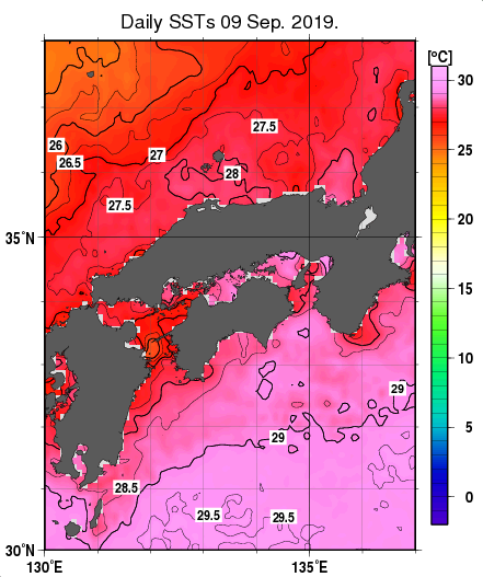 近畿・中国・四国周辺海域の海面水温分布図（9月9日）