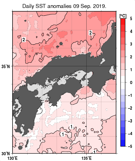近畿・中国・四国周辺海域の海面水温平年差分布図（9月9日）