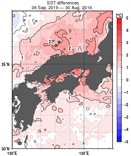 近畿・中国・四国周辺海域の10日間の海面水温変化量分布図（9月9日）