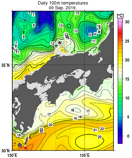 近畿・中国・四国周辺海域の深さ100mの水温分布図（9月9日）
