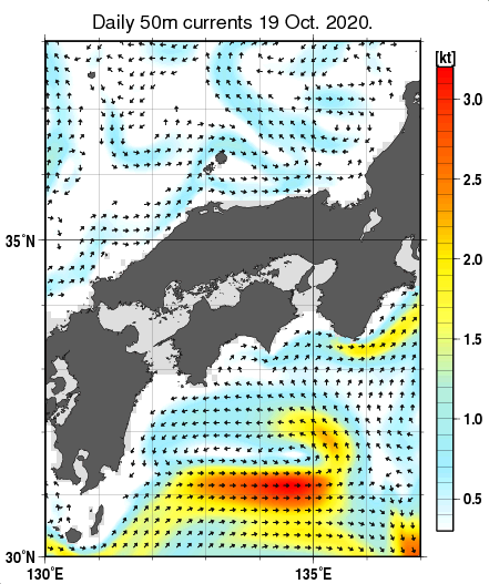 近畿・中国・四国周辺海域の深さ50mの海流分布図（10月19日）