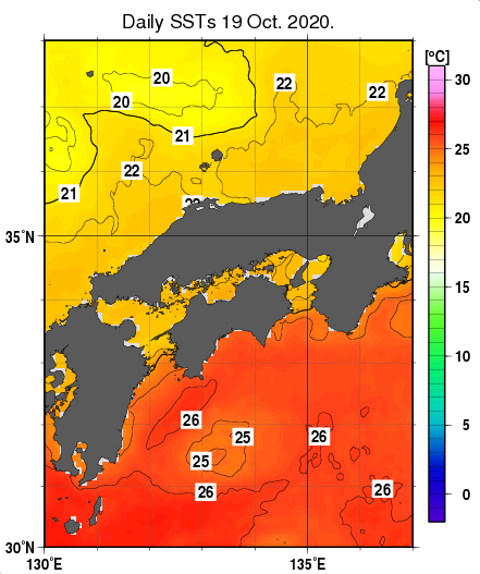 近畿・中国・四国周辺海域の海面水温分布図（10月19日）