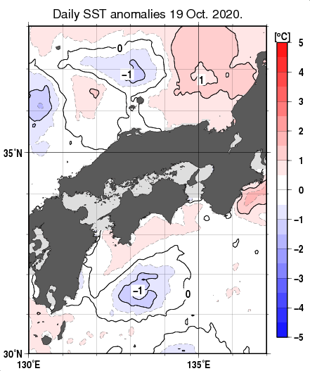近畿・中国・四国周辺海域の海面水温平年差分布図（10月19日）