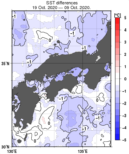 近畿・中国・四国周辺海域の10日間の海面水温変化量分布図（10月19日）