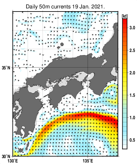 近畿・中国・四国周辺海域の深さ50mの海流分布図（1月19日）