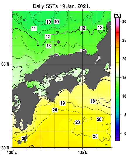 近畿・中国・四国周辺海域の海面水温分布図（1月19日）