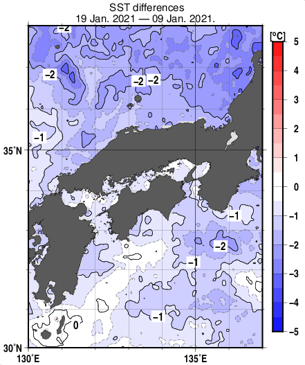 近畿・中国・四国周辺海域の10日間の海面水温変化量分布図（1月19日）