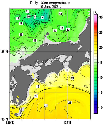 近畿・中国・四国周辺海域の深さ100mの水温分布図（1月19日）