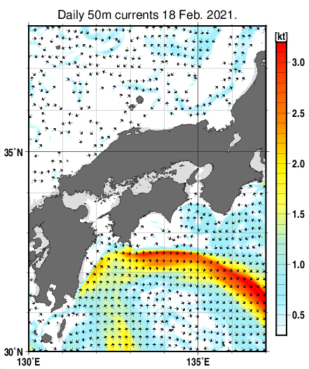近畿・中国・四国周辺海域の深さ50mの海流分布図（2月18日）