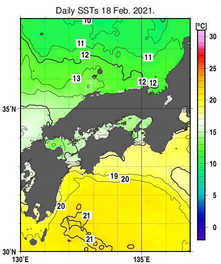 近畿・中国・四国周辺海域の海面水温分布図（2月18日）