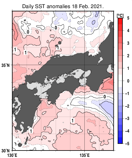 近畿・中国・四国周辺海域の海面水温平年差分布図（2月18日）