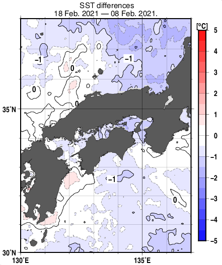 近畿・中国・四国周辺海域の10日間の海面水温変化量分布図（2月18日）