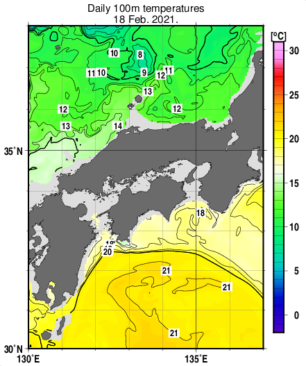 近畿・中国・四国周辺海域の深さ100mの水温分布図（2月18日）
