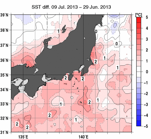 関東・東海・北陸周辺海域の10日間の海面水温変化量分布図（7月9日）