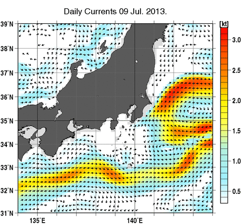 関東・東海・北陸周辺海域の深さ50mの海流分布図（7月9日）