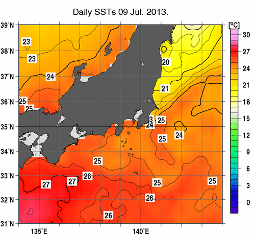 関東・東海・北陸周辺海域の海面水温分布図（7月9日）