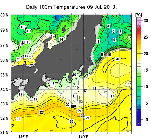 関東・東海・北陸周辺海域の深さ100mの水温分布図（7月9日）