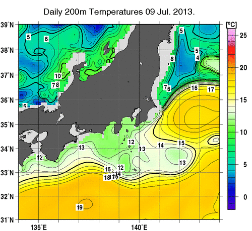 関東・東海・北陸周辺海域の深さ200mの水温分布図（7月9日）