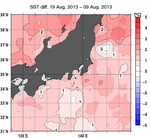 関東・東海・北陸周辺海域の10日間の海面水温変化量分布図（8月19日）