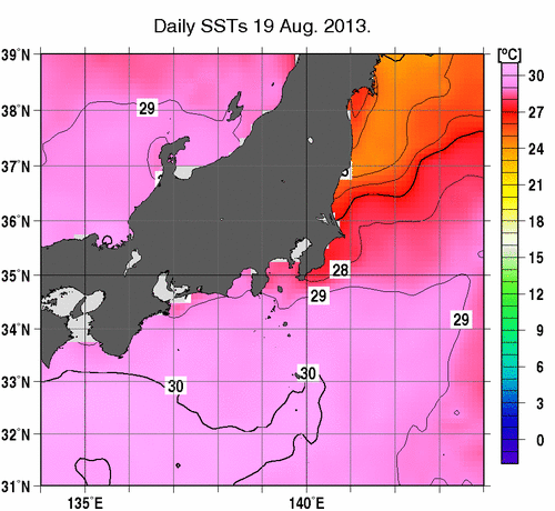 関東・東海・北陸周辺海域の海面水温分布図（8月19日）
