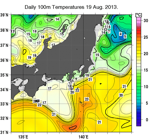 関東・東海・北陸周辺海域の深さ100mの水温分布図（8月19日）