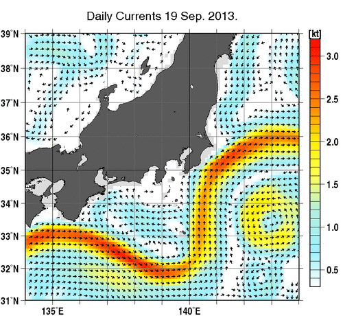関東・東海・北陸周辺海域の深さ50mの海流分布図（9月19日）