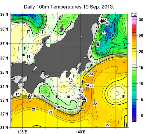 関東・東海・北陸周辺海域の深さ100mの水温分布図（9月19日）