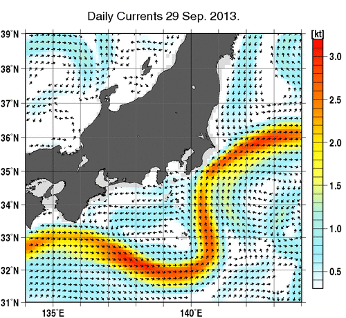 関東・東海・北陸周辺海域の深さ50mの海流分布図（9月29日）