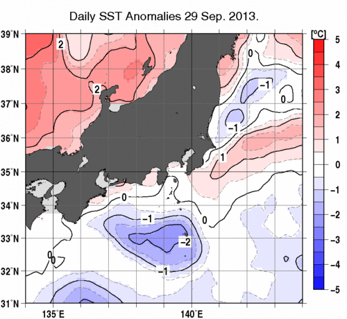 関東・東海・北陸周辺海域の海面水温平年差分布図（9月29日）