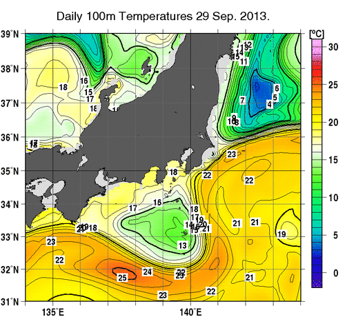 関東・東海・北陸周辺海域の深さ100mの水温分布図（9月29日）