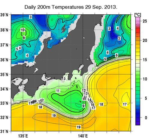 関東・東海・北陸周辺海域の深さ200mの水温分布図（9月29日）