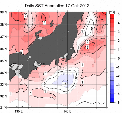 関東・東海・北陸周辺海域の海面水温平年差分布図（10月17日）