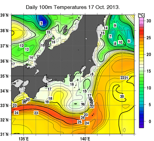 関東・東海・北陸周辺海域の深さ100mの水温分布図（10月17日）