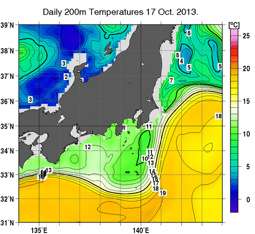 関東・東海・北陸周辺海域の深さ200mの水温分布図（10月17日）