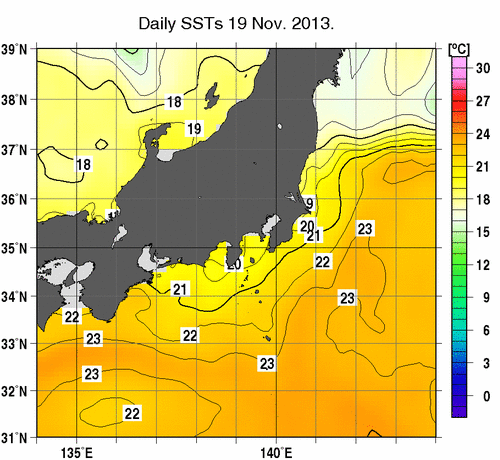 関東・東海・北陸周辺海域の海面水温分布図（11月19日）